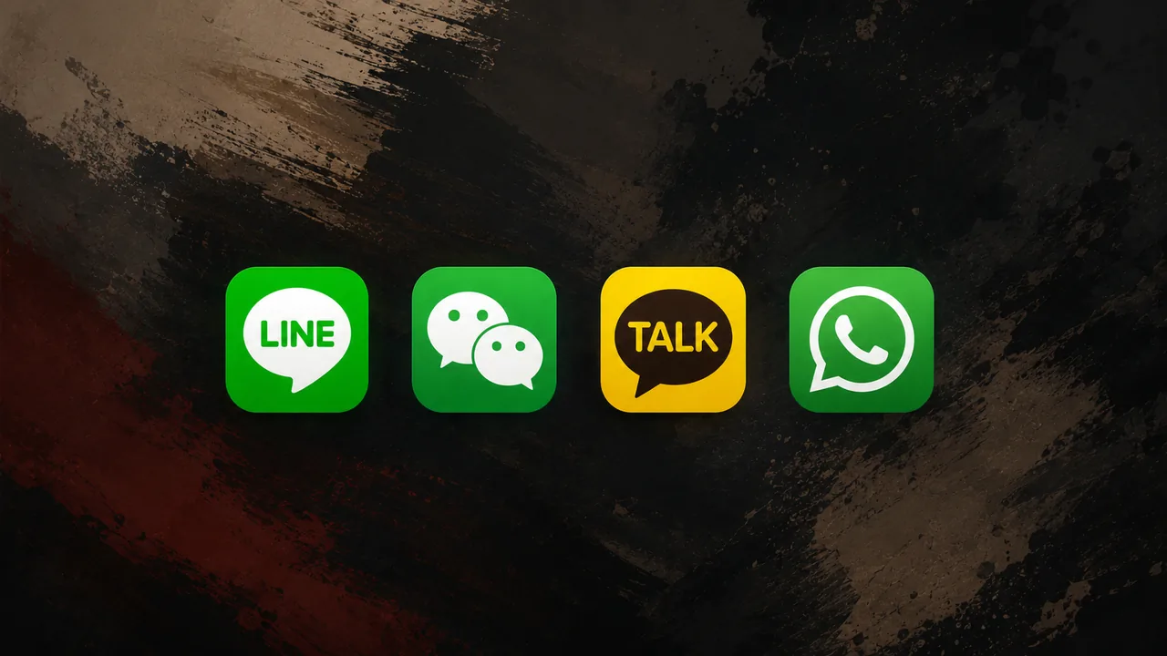 LINE, WeChat, KakaoTalk, and WhatsApp icons on a dark textured background