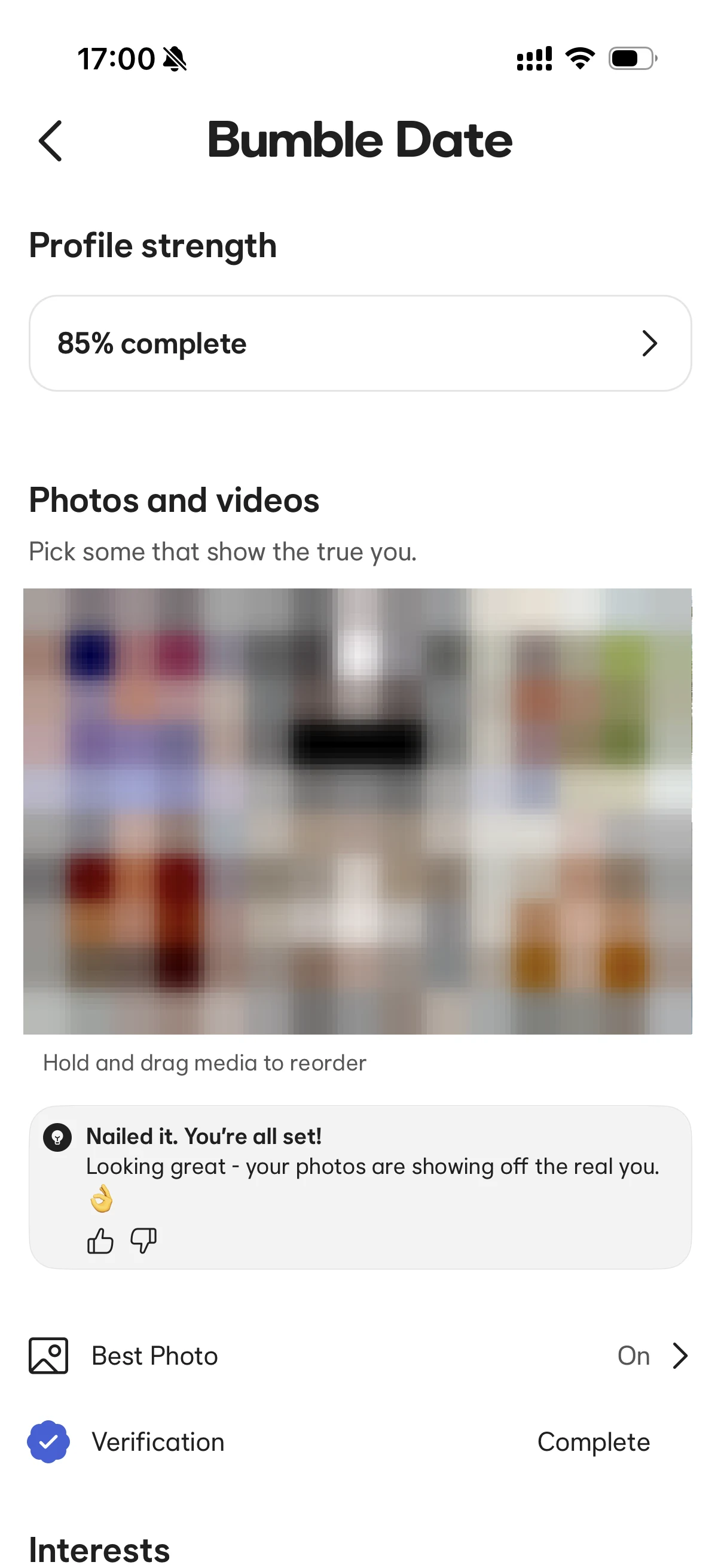 Bumble Date profile strength screen showing 85 percent complete, photos and videos, Best Photo on, and verification complete