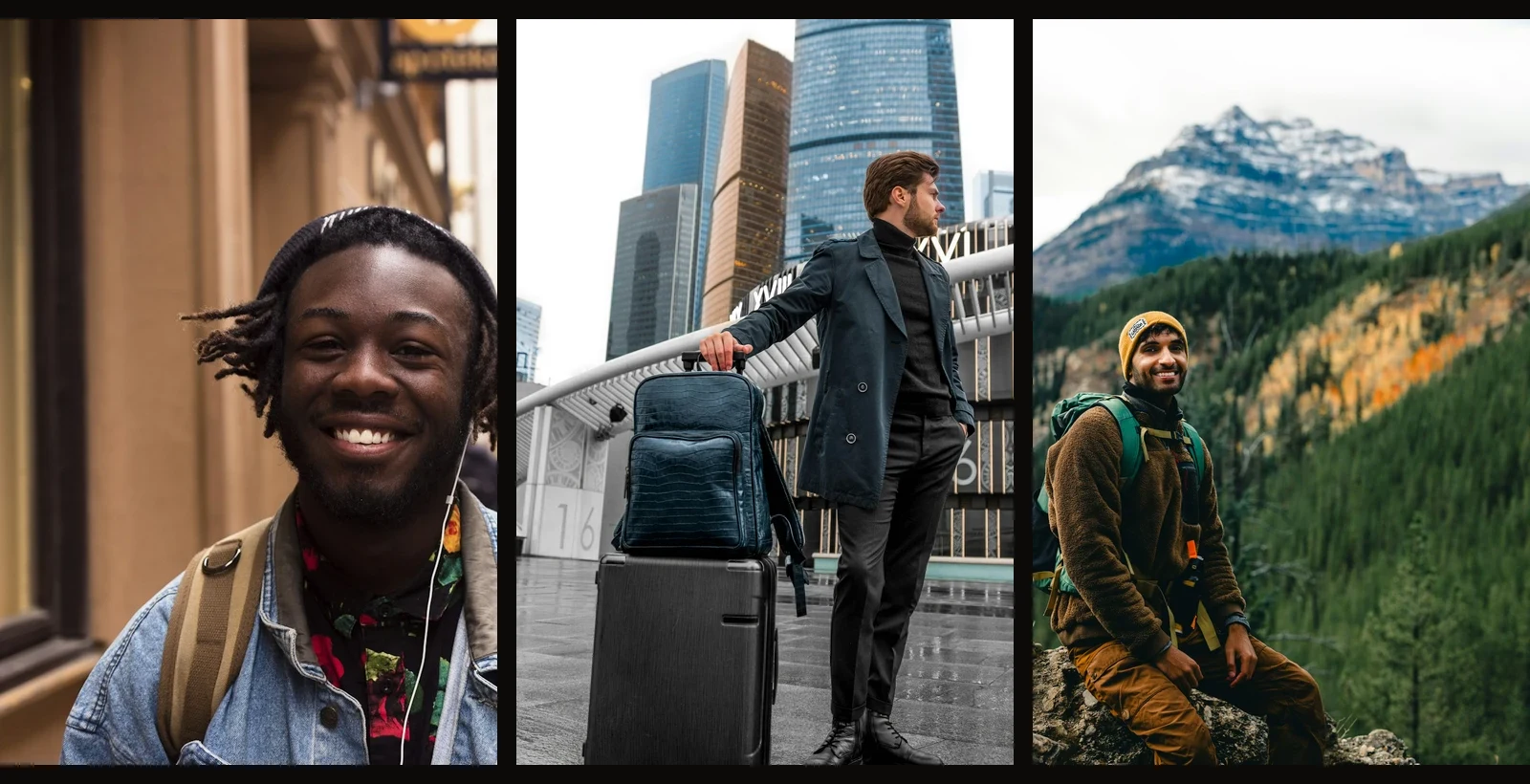 Three example Bumble-style travel profile photos showing solo men with visible faces in city, luggage, and mountain travel settings