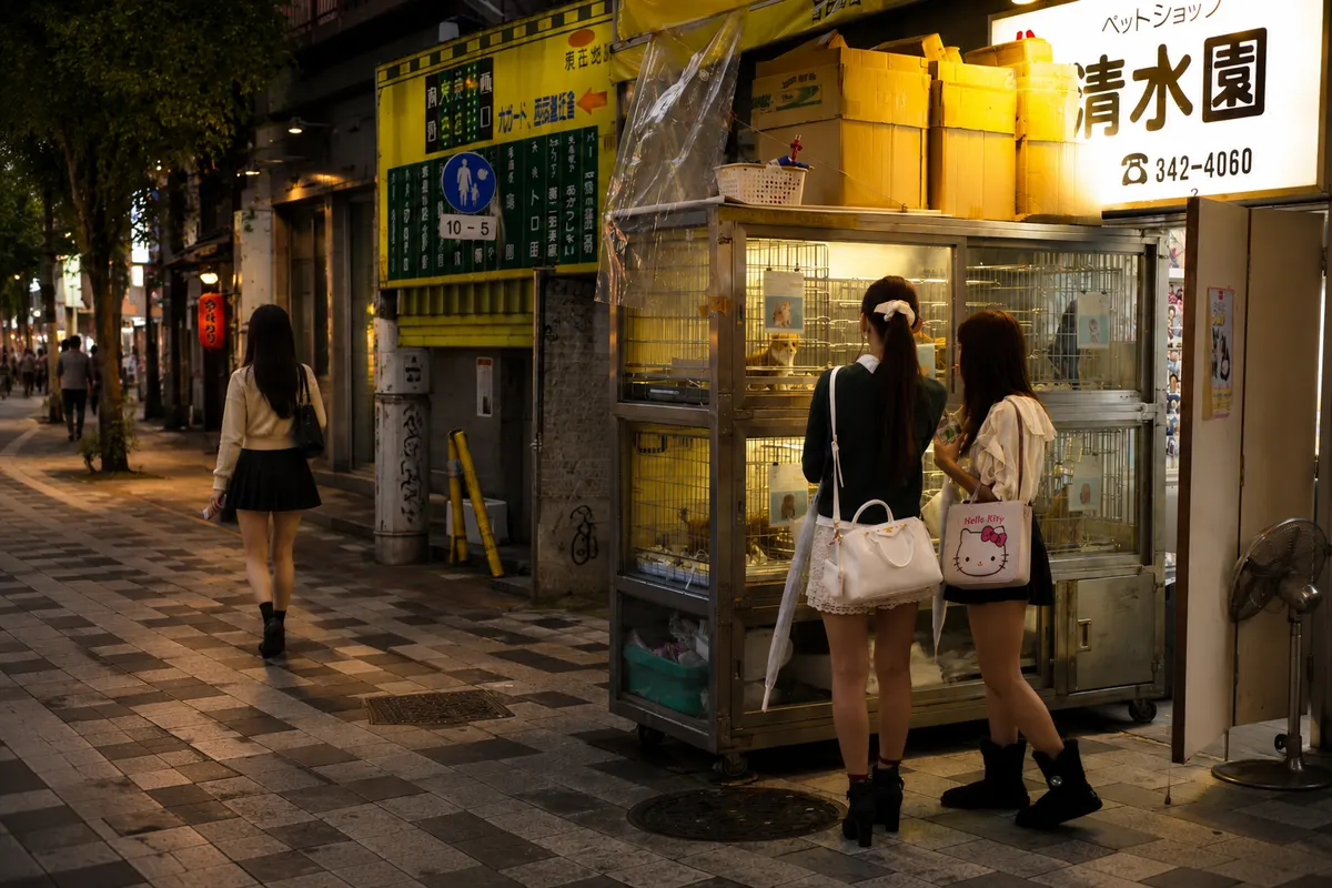 Two women looking at cats outside a lit pet shop on a Japanese evening street