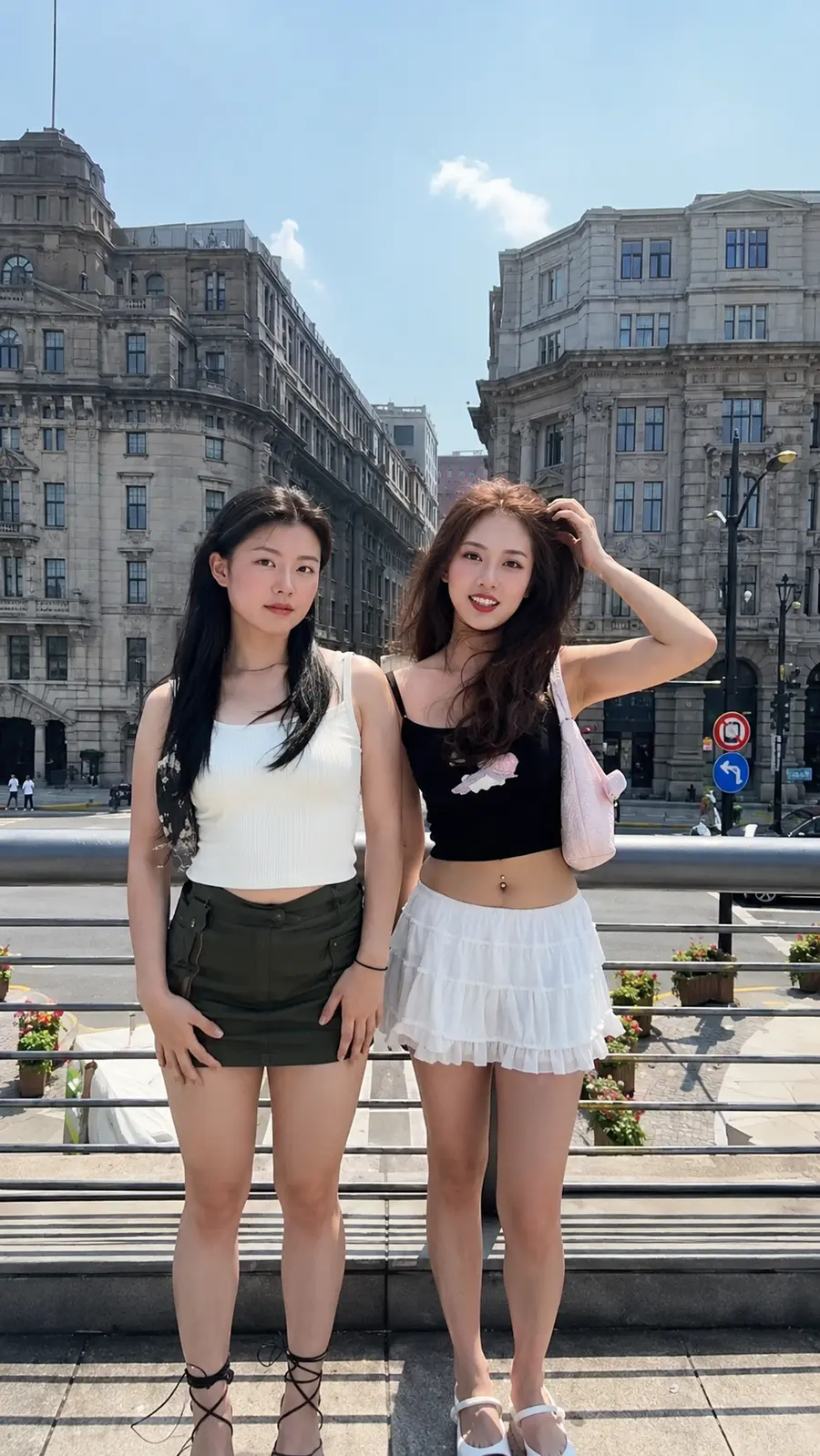 Two women standing near the Bund in Shanghai