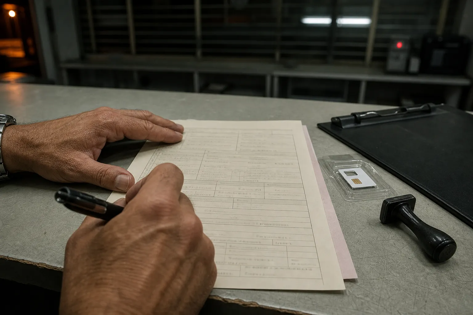 Hands filling in a mobile contract form at a Japanese phone shop counter at night