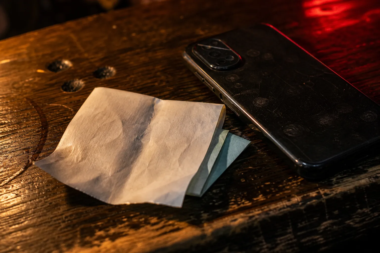 A crumpled Korean card receipt and folded won notes on a bar counter at night