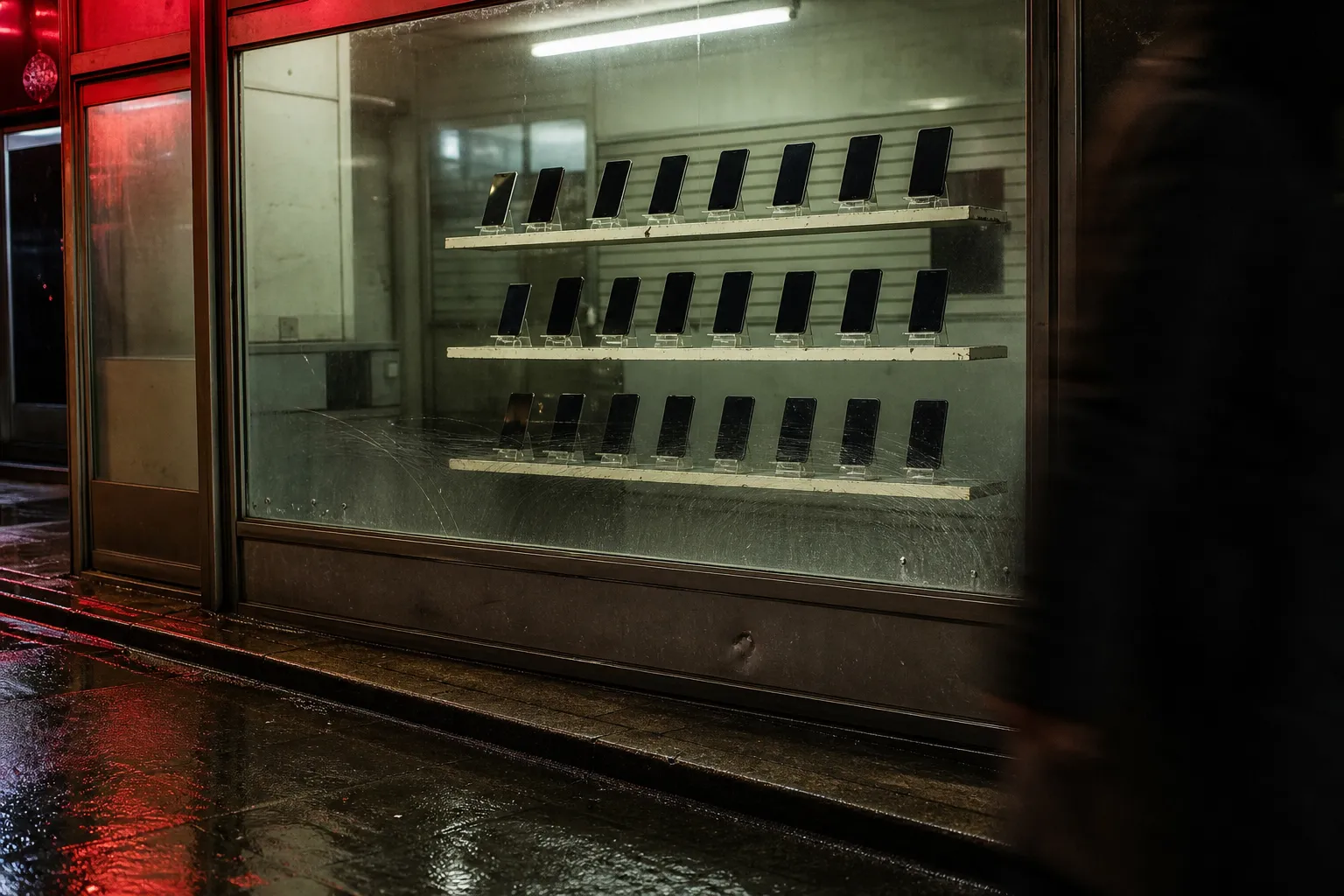 A lit Korean mobile phone shop window on a wet Seoul street at night