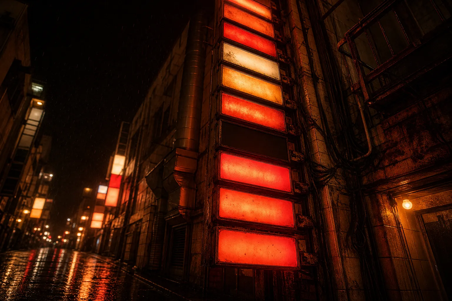 A stacked tower of illuminated hostess club sign panels on a narrow Japanese street in the rain at night