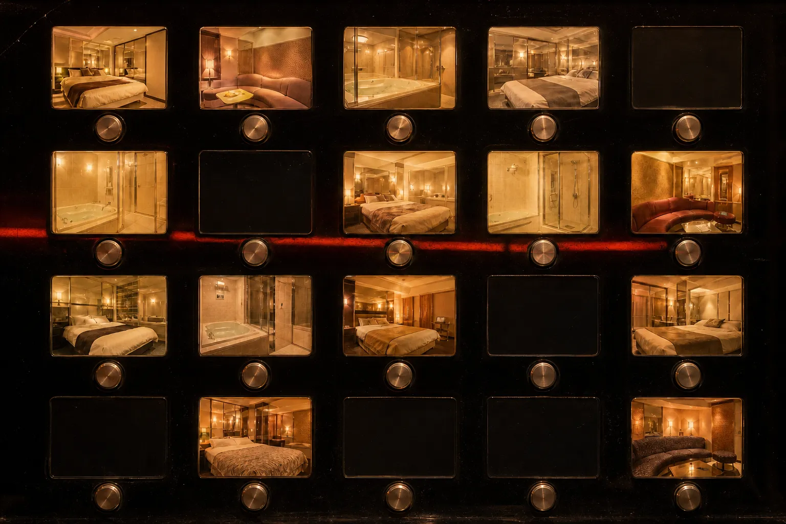 The lit room selection panel inside the entrance of a Japanese love hotel, half the tiles dark