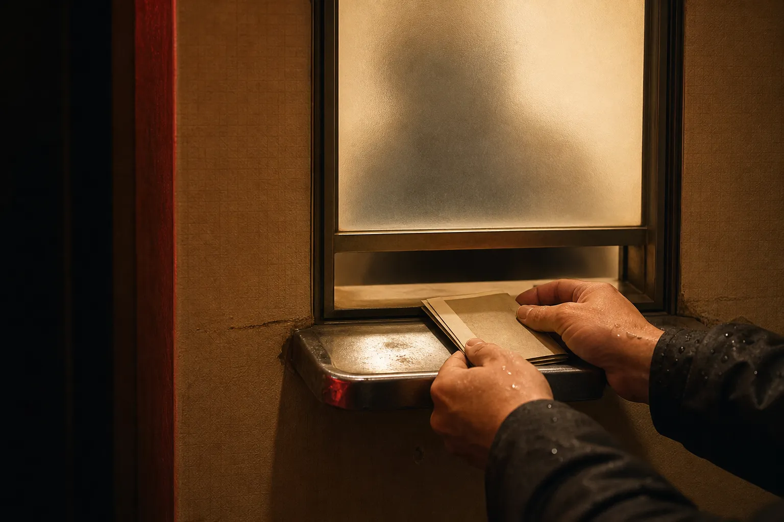 A pair of hands placing banknotes in the steel tray of a frosted glass love hotel payment window