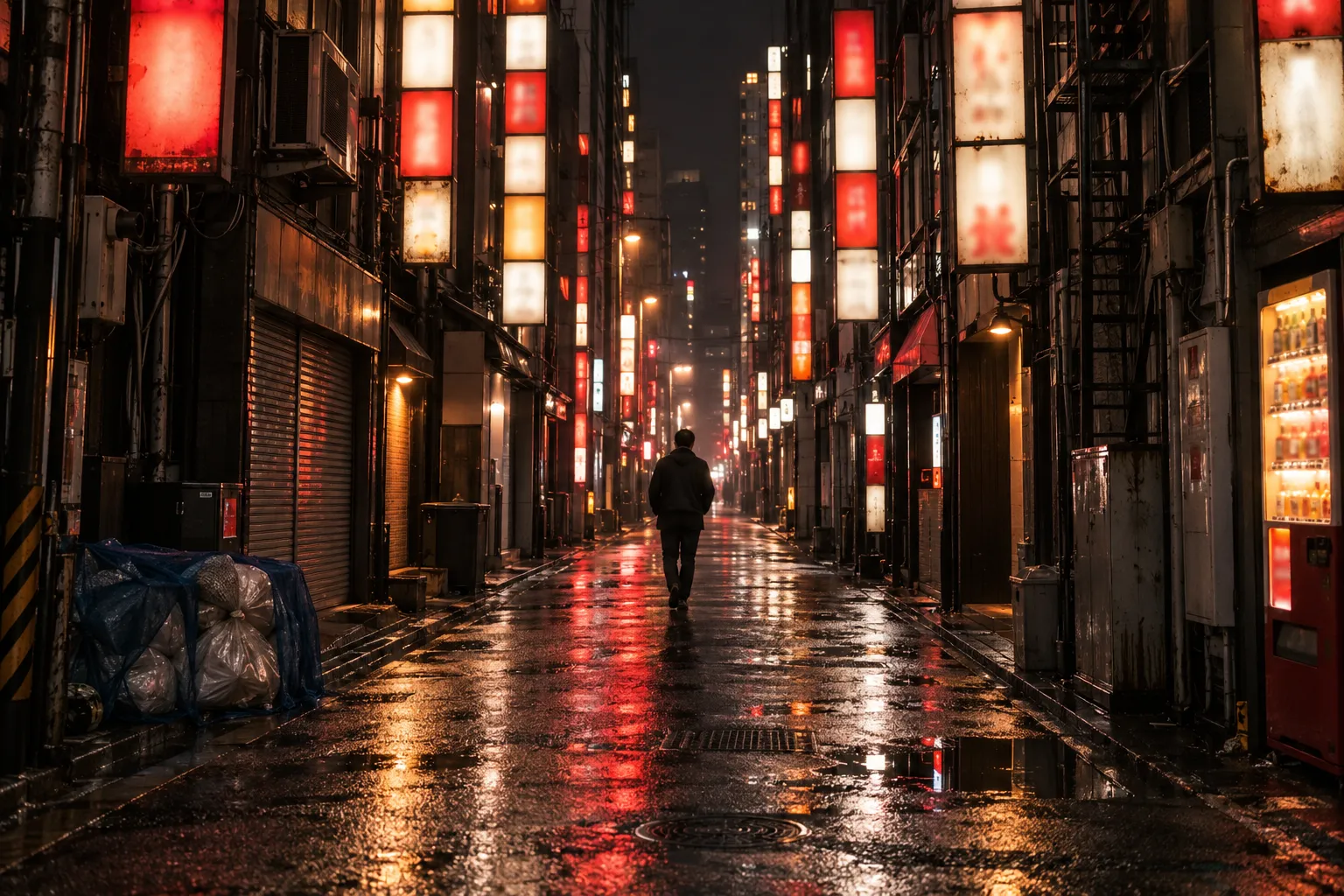 A narrow Nakasu side street at night walled with stacked backlit club signs