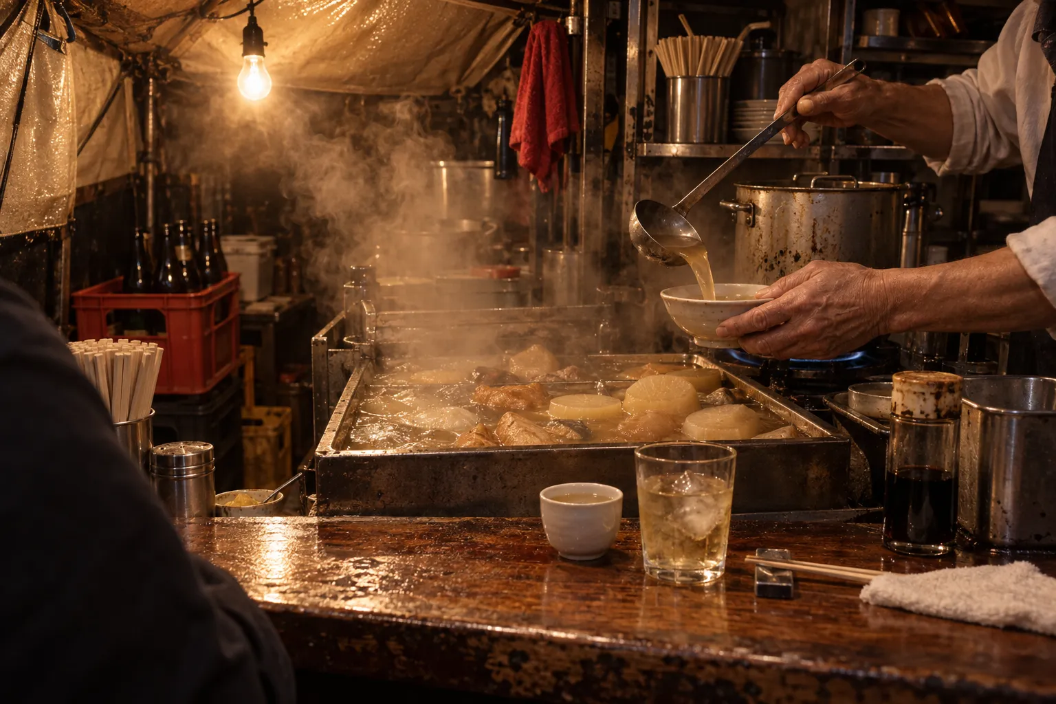 The counter inside a Fukuoka yatai stall at night with steam over an oden pot