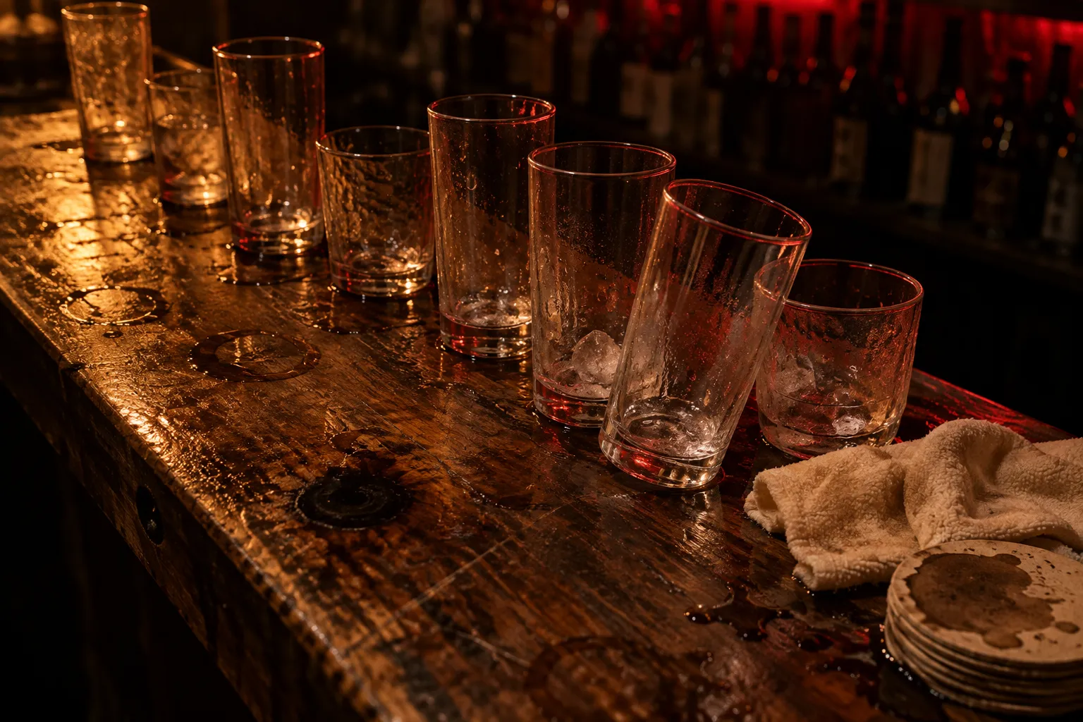 Empty glasses lined up on an izakaya counter near the end of a nomihodai last order window