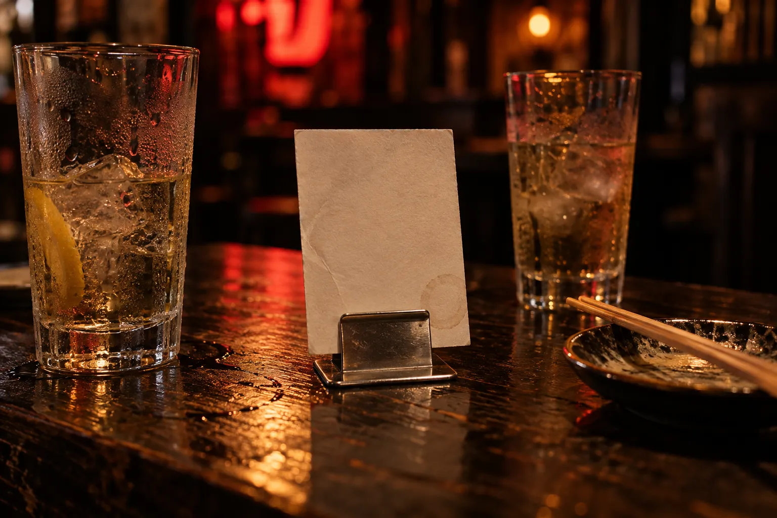 A laminated nomihodai drink menu standing on an izakaya table between two half-finished highballs