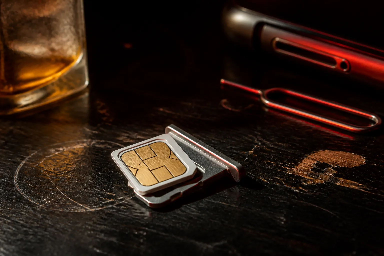 Nano SIM card on an ejected phone tray under red neon on a dark counter