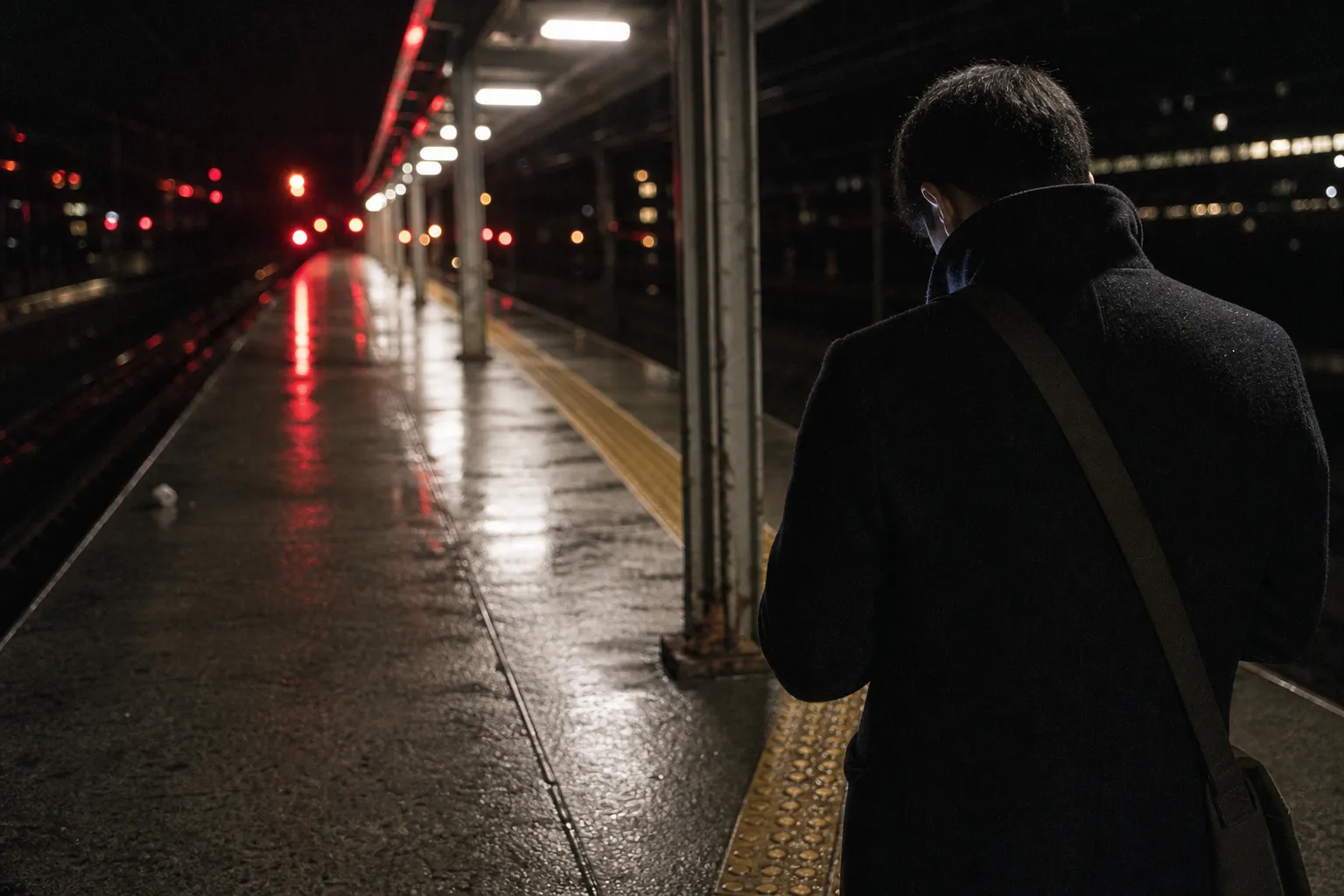 Man seen from behind on a Tokyo train platform at night lit by his phone screen