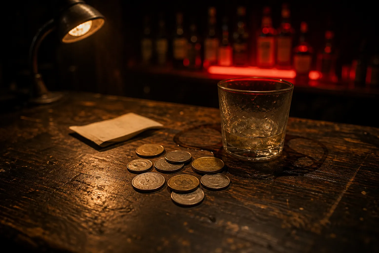 Philippine peso coins and a folded paper slip on a dark Manila bar counter under a lamp