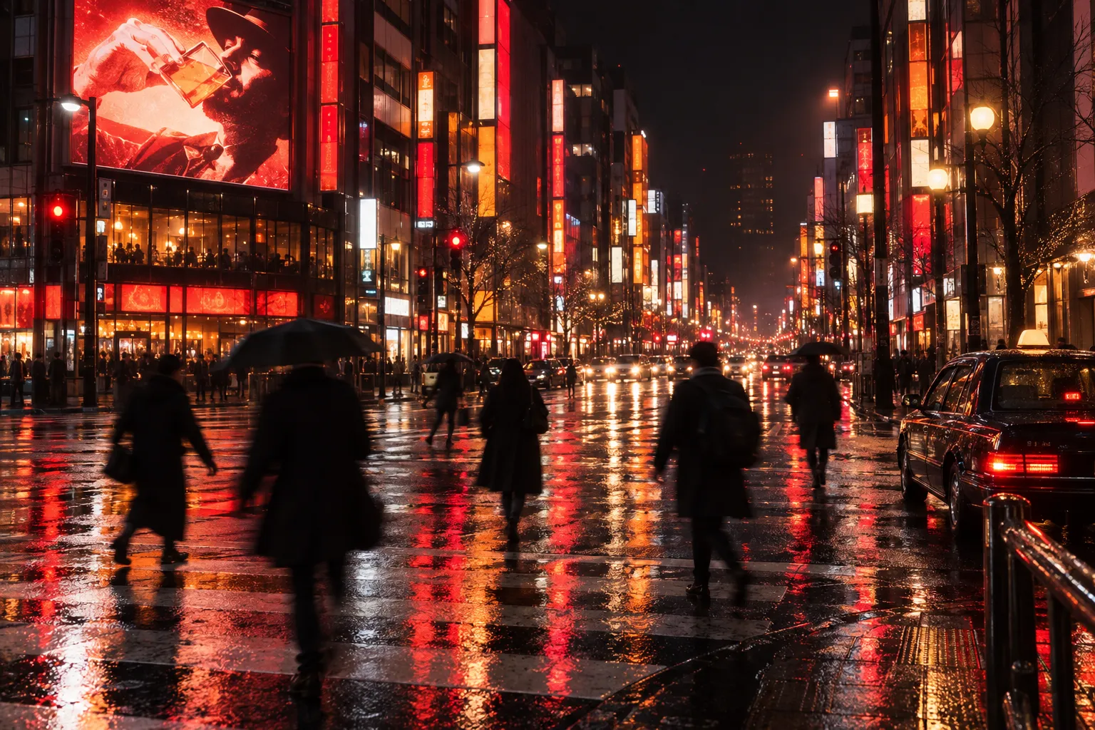 Susukino nightlife at the main crossing under stacked neon signs