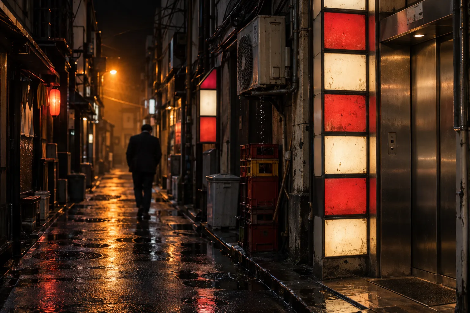 A Susukino street at night with a column of backlit bar signs