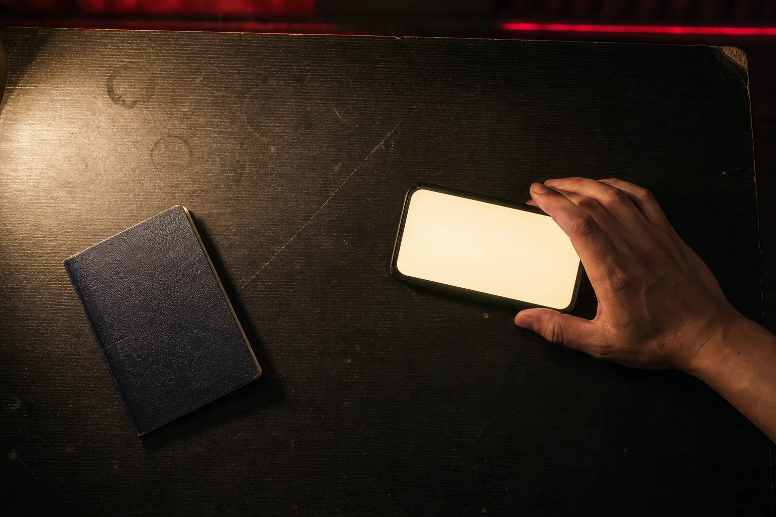 Closed passport and a lit phone on a dark hotel counter under a single lamp