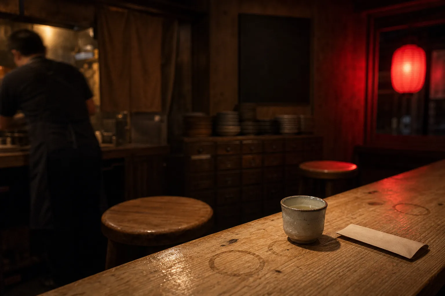 Two empty stools at a lit izakaya counter at night with red lantern glow