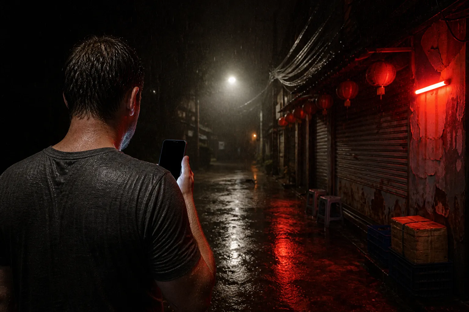 A man seen from behind in a wet Bangkok alley at night holding a lit phone