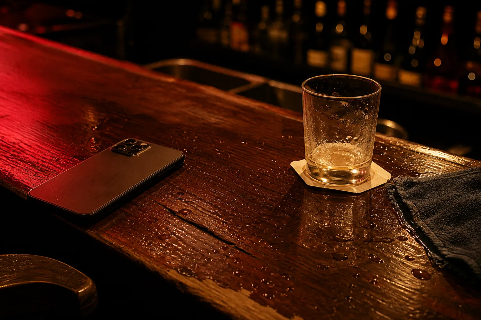 Phone lying face down beside a nearly empty glass on a Japanese bar counter