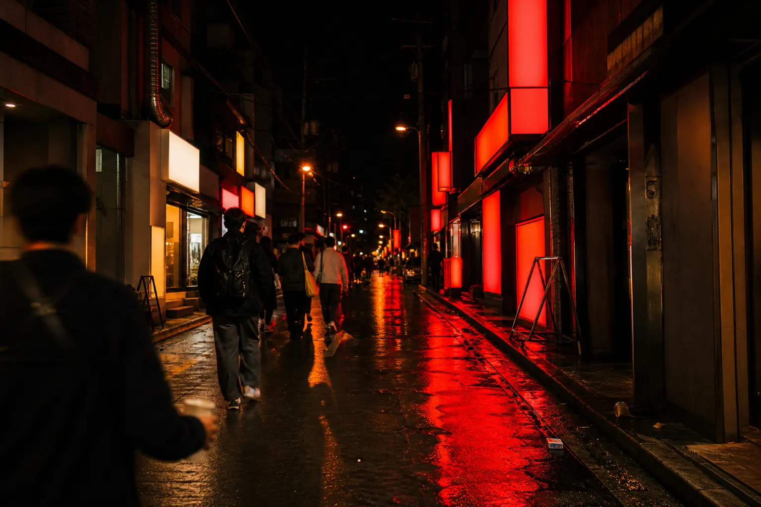 A Hongdae nightlife street in Seoul at night with red neon and blurred figures