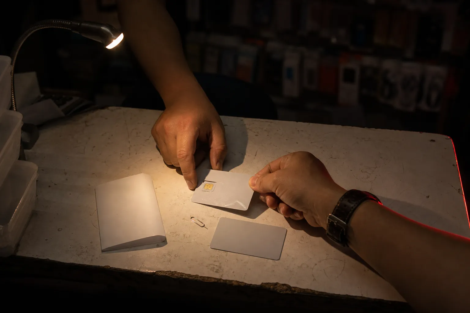 A Korean SIM card and contract paperwork on a mobile shop counter at night