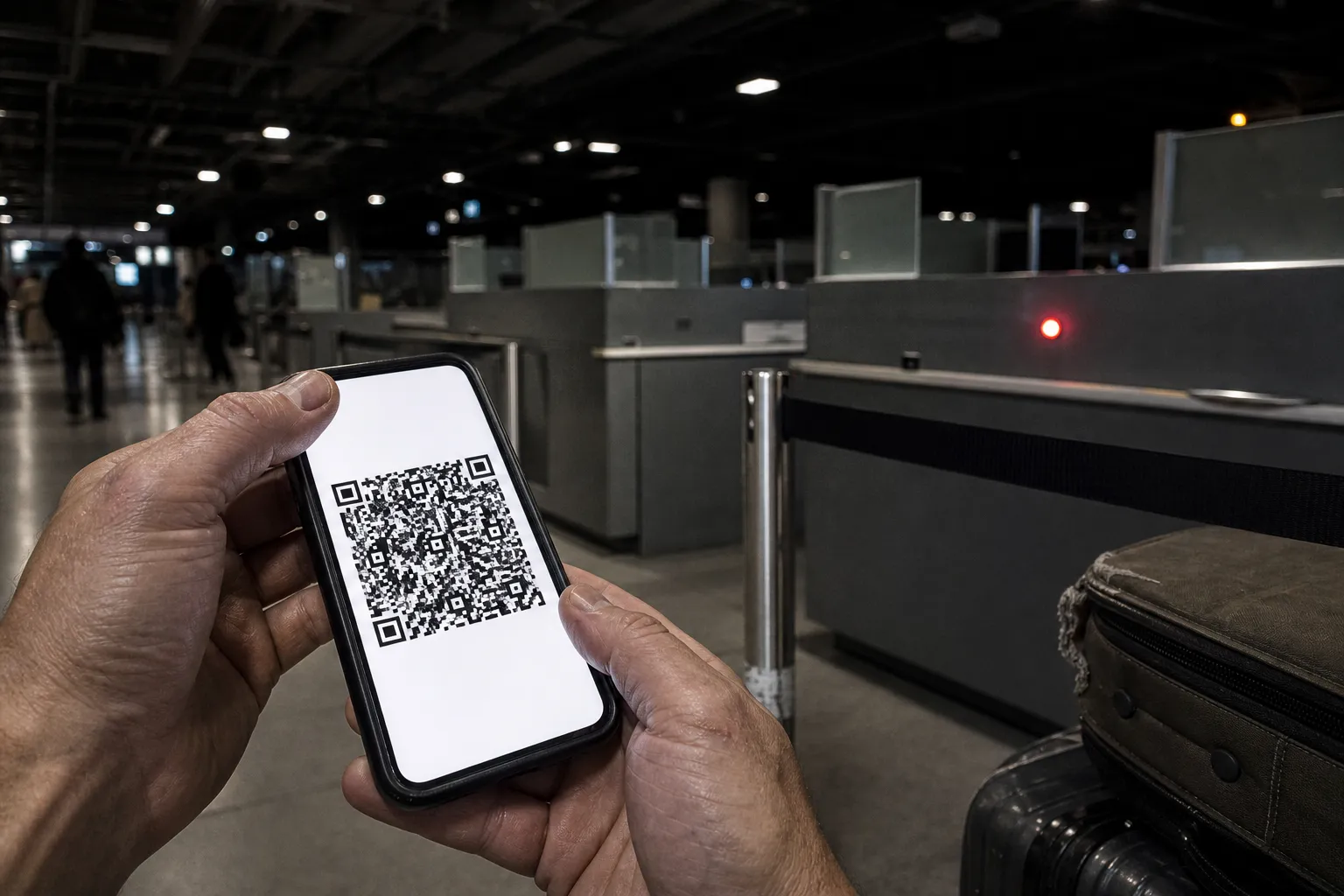 A phone showing a Thailand Digital Arrival Card QR code at an airport immigration desk